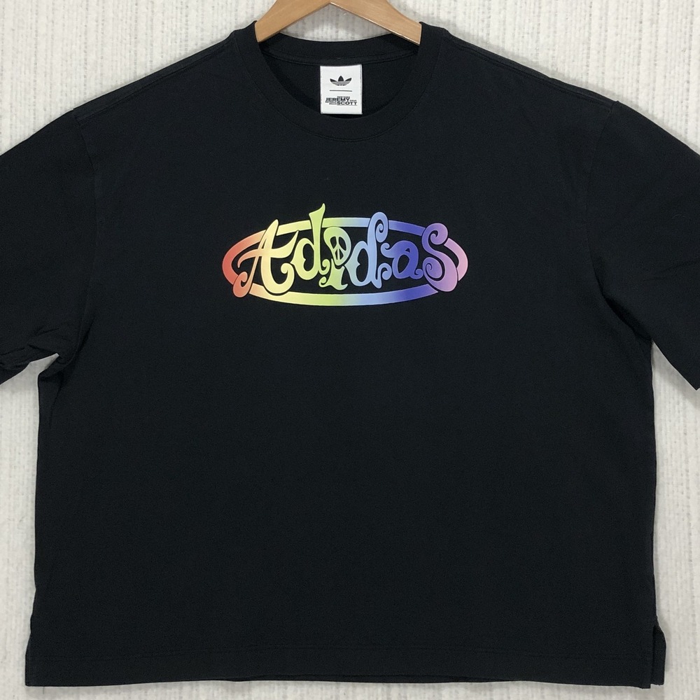 Adidas Jeremy Scott Rainbow Graphic T-Shirt Black Peace Sign Trefoil Mens XL